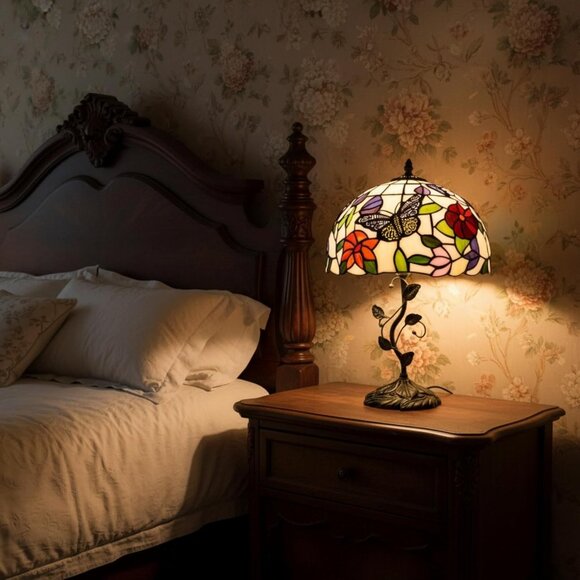NEW! Table Lamp, 12" Butterfly Flower Handmade Stained Glass Lamp Shade - Picture 5 of 5